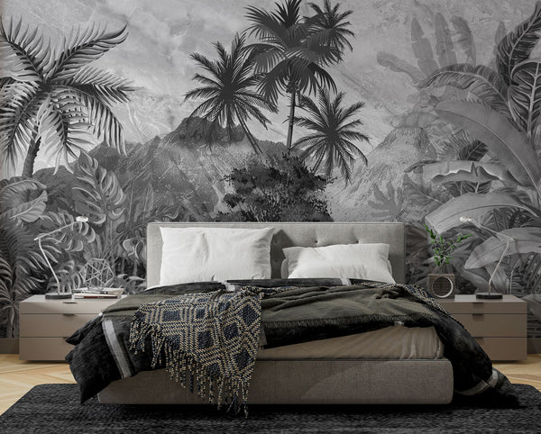 Black and White Tropical Forest and Mountains Self Adhesive wallpaper