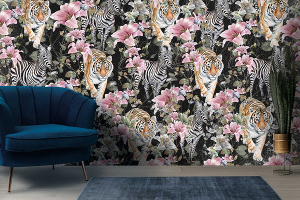 Zebra and Tiger Pattern Floral Wallpaper
