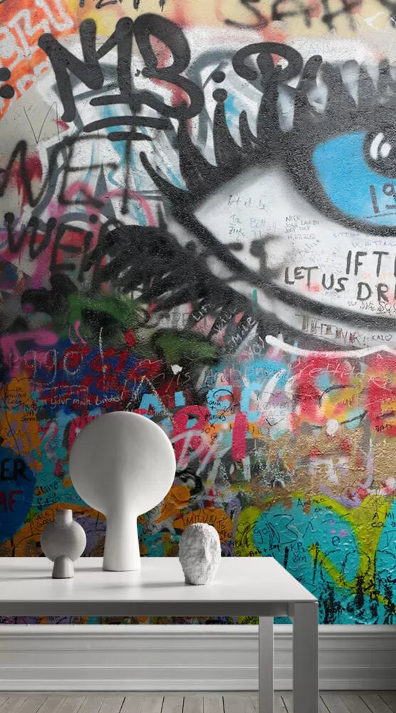 Spray Painted Eye and Graffiti Wall Mural Wallpaper