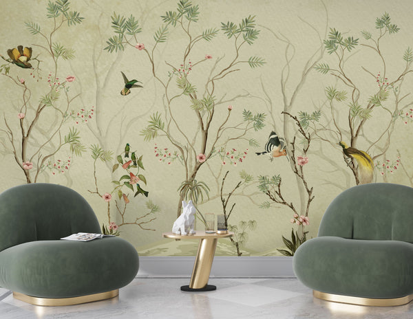 Peanut Green Bird and Flower Self adhesive Wallpaper