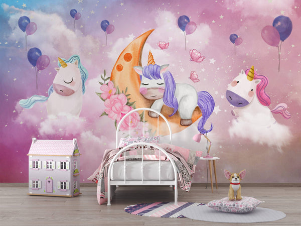 Rainbow Colors Unicorn and Balloons Wallpaper,, Wall sticker, Wall poster
