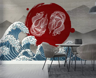 Waves and Koi Fish Pattern Wall Mural Wallpaper - Luzen&Co
