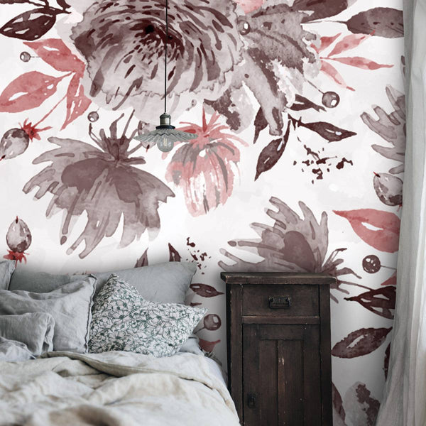 Watercolor Effected Dark Tones Floral Wallpaper -Luzen&Co