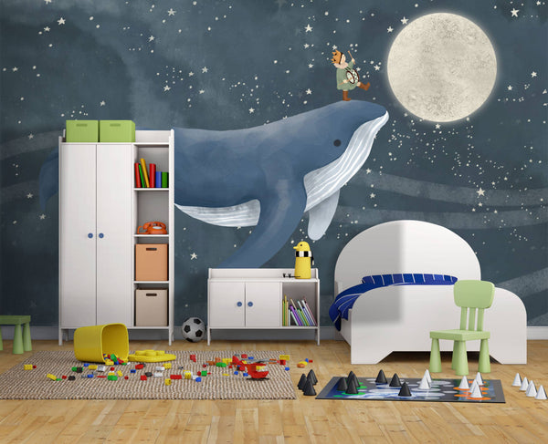 Whale Swimming Kids room Wallpaper, Wall stickers