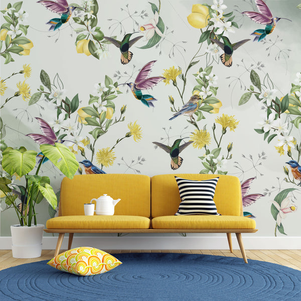 Lemon Tree and Birds Self adhesive Wallpaper