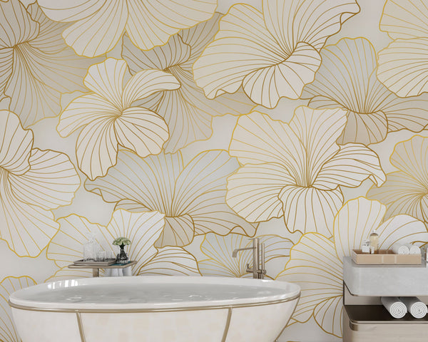 Gold Color Linear Lotus Flowers Self adhesive Wallpaper