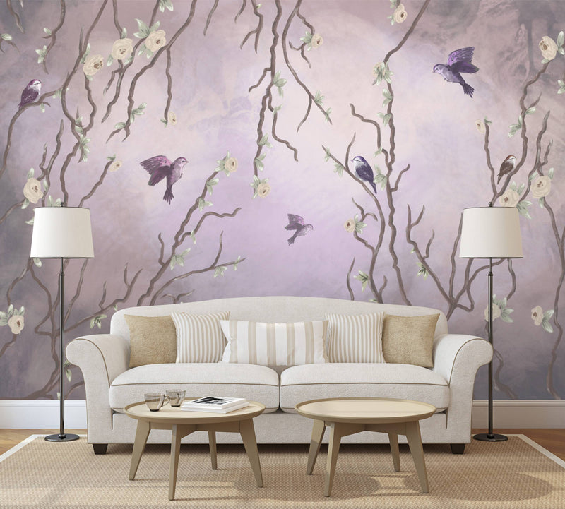 Purple Tones Birds On Apricot Tree Wallpaper