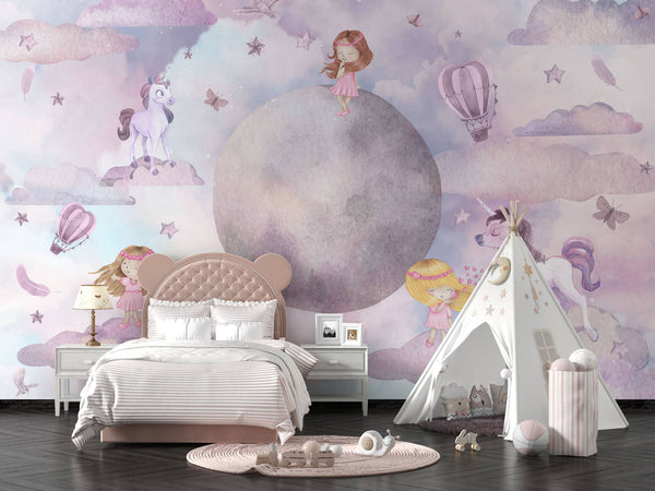 Purple Clouds Unicorns Self adhesive Wallpaper,, Wall sticker, Wall poster