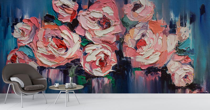 Oil Painting Roses Self adhesive Wallpaper