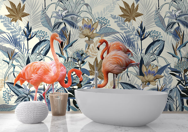 Flamingos and Blue Flowers Tropical Self adhesive wallpaper