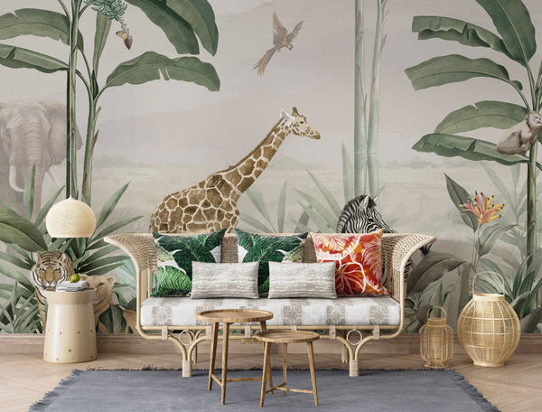 Animals Banana and Palm Forest  Self Adhesive Wallpaper