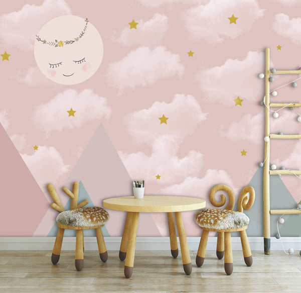 Clouds Stars and Smile Moon Wallpaper, Wall sticker, Wall poster