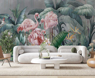 Flamingos and Parrots in the Tropical Garden Self adhesive wallpaper