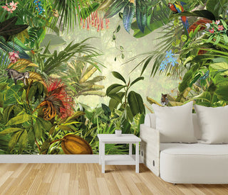 Animals in the Tropical Garden in Vivid Colors Self Adhesive Wallpaper