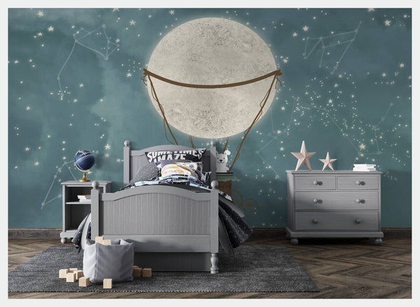 Sky Moon and Dogs Wallpaper for kids room, Wall sticker, Wall poster