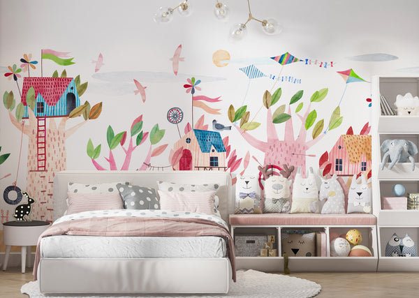 Colorful Tree Houses Kids Wallpaper, Wall sticker, Wall poster, Wall Decal - Luzen&co