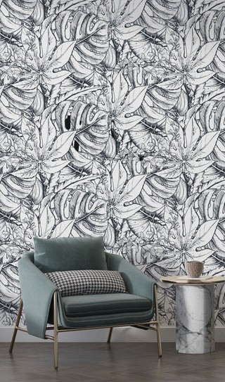 Black And White Tropical Leaves Self Adhesive wallpaper