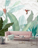 Birds and Big Tropical Leaves Self Adhesive Wallpaper