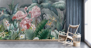 Flamingos and Parrots in the Tropical Garden Self adhesive wallpaper
