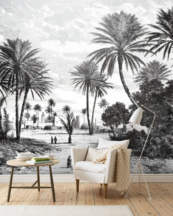 Black and White Tropic Village Self Adhesive wallpaper