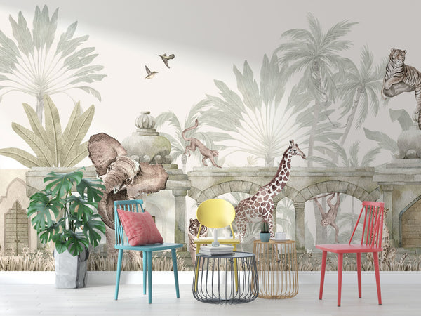 Animals In The Tropical Garden Self Adhesive Wallpaper