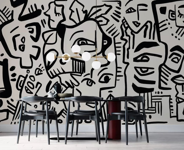 Linear Face Motifs Modern Wall Mural Peel and Stick Wallpaper