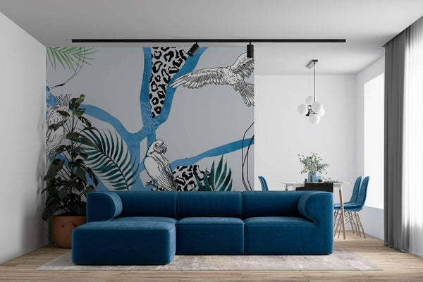 Parrots on a Blue Tree Self adhesive wallpaper