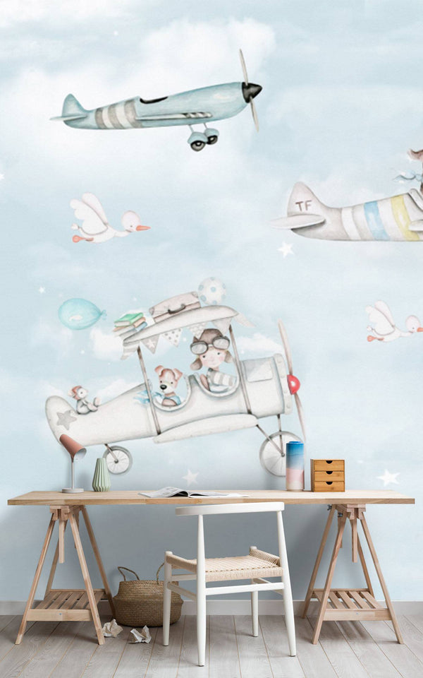 Cartoon Animal Pilots On Airplanes Self adhesive Wallpaper