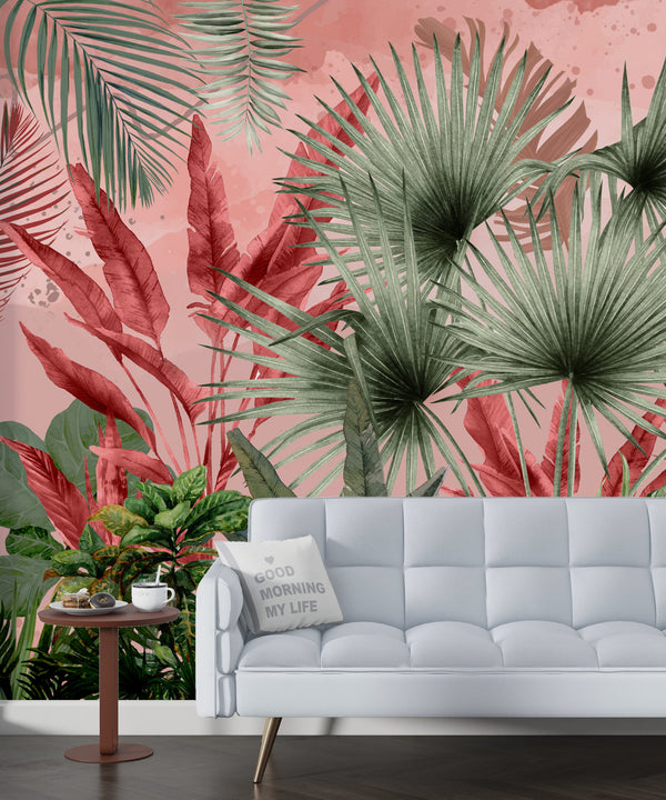 Big Tropical Leaves With Pink Background Self Adhesive Wallpaper