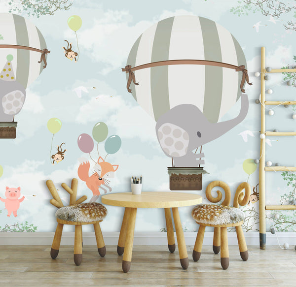 Elephants With Hot Air Balloons Kids Wallpaper