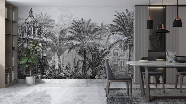 Black and White Tropical Forest Landscape Self Adhesive wallpaper
