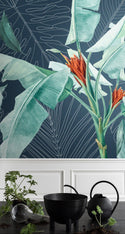 Big Tropical Leaves and Red Flowers Self Adhesive Wallpaper