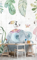 Cartoon Tropic Animals and Leaves Wallpaper, Wall sticker, Wall poster, Wall Decal - Luzen&co
