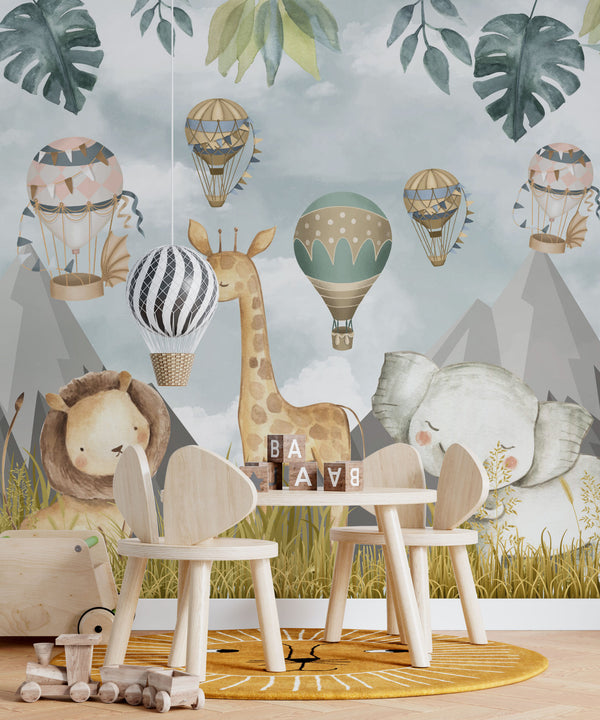 Animals and Flying Balloons Kids Wallpaper