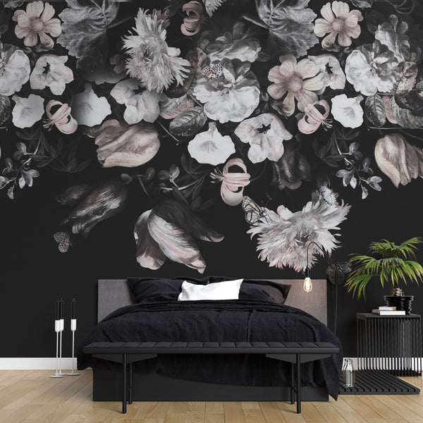 Soft Flowers Wallpaper on Black Peel and Stick Wallpaper