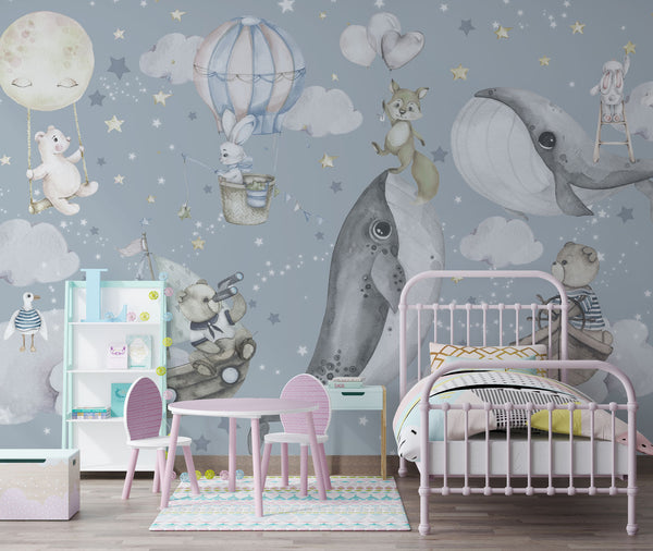 Whales and Flying Animals Wallpaper for kids room, Wall sticker, Wall poster