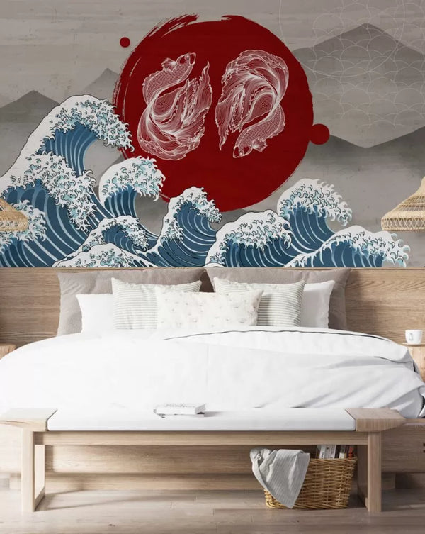 Waves and Koi Fish Pattern Wall Mural Wallpaper - Luzen&Co