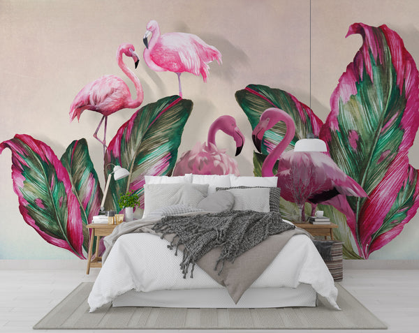 Flamingos and Tropical Leaves Self adhesive wallpaper