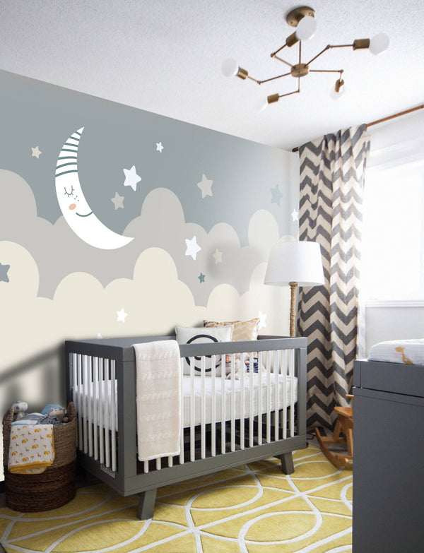 Cloudy Sky Stars and Moon Kids Wallpaper, Wall sticker, Wall poster, Wall Decal - Luzen&co