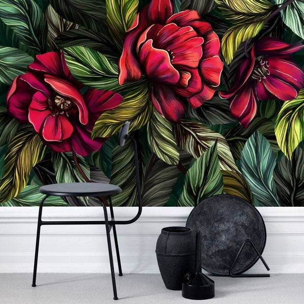Green And Red Tones Floral Wallpaper