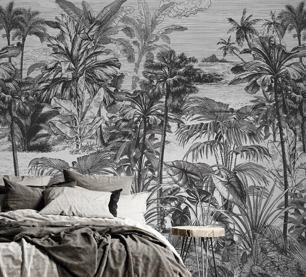 Black and White Tropical Forest and Sea Self Adhesive wallpaper