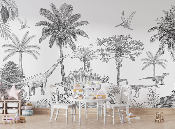 Charcoal Dinosaur Tropical Tree Wallpaper, Wall sticker, Wall poster, Wall Decal - Luzen&co