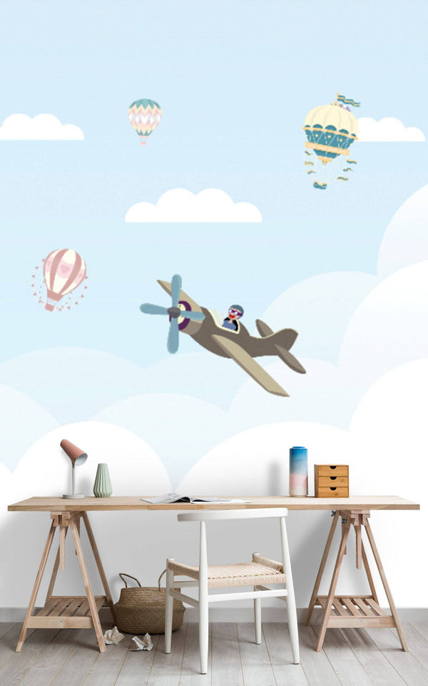 Blue Cloudy Sky and Airplanes Kids Peel and Stick wallpaper Self adhesive wallpaper -Luzen&Co