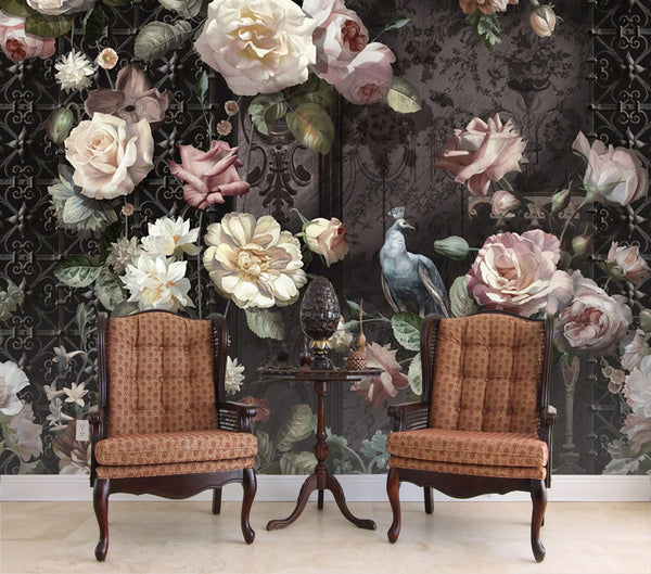 Dark Background Baroque Patterns and Roses Self adhesive wallpaper Peel and stick Wallpaper - Luzenandco