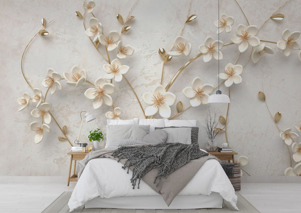 Gold Detailed 3D Look White Flower Self adhesive Wallpaper