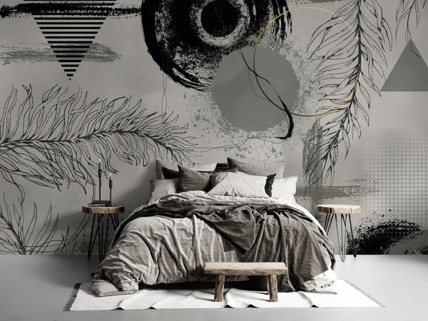 Soft Feather and Geometric Pattern Wallpaper