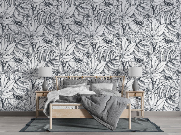 Black And White Tropical Leaves Self Adhesive wallpaper