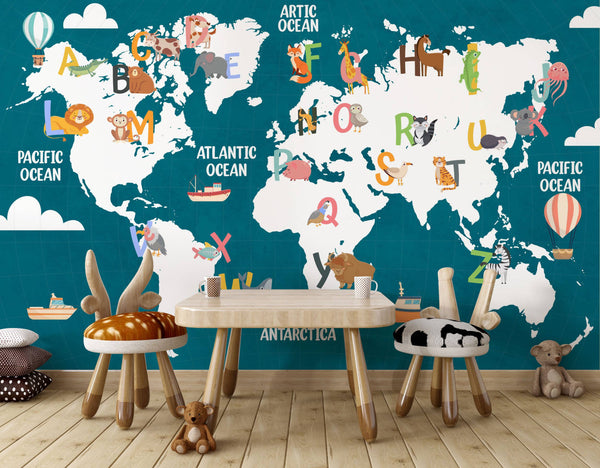 Animals World Map Kids Wallpaper, Wall sticker, Wall poster, Wall Decal - Luzen&co