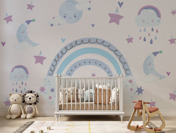 Moon, Clouds and Rainbow Peel and Stick Wallpaper, Wall sticker, Wall poster