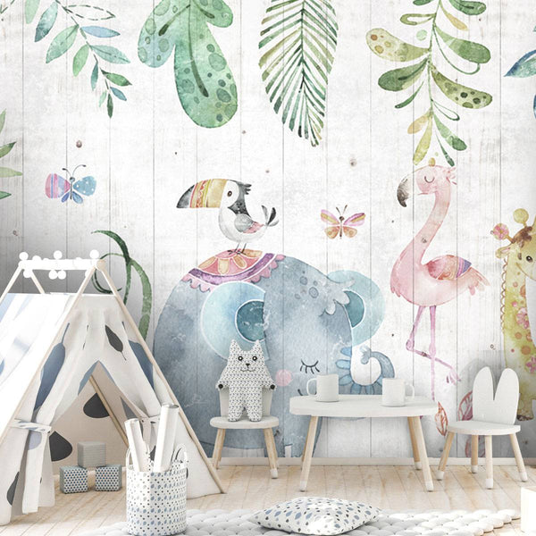 Cartoon Tropic Animals and Leaves Wallpaper, Wall sticker, Wall poster, Wall Decal - Luzen&co